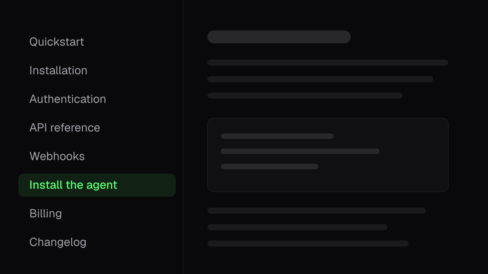 A product docs sidebar with an "Install the agent" page highlighted